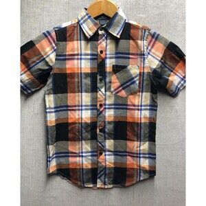 Street Rules Boys Button Down Shirt Size 10 Medium Orange Plaid Short Sleeves